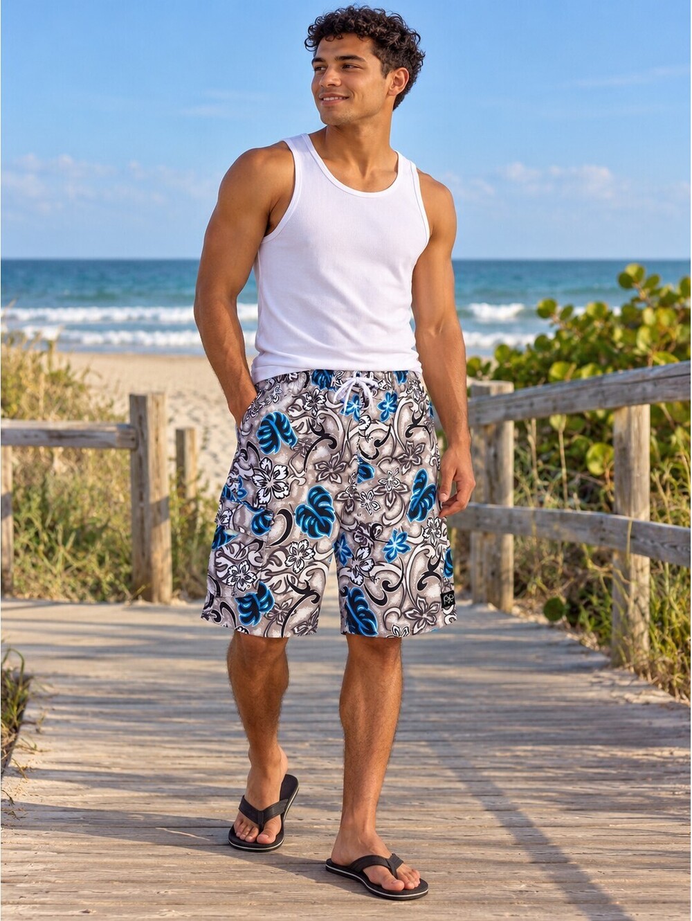 OP Ocean Pacific Tropical Floral Swim Shorts Grey Blue